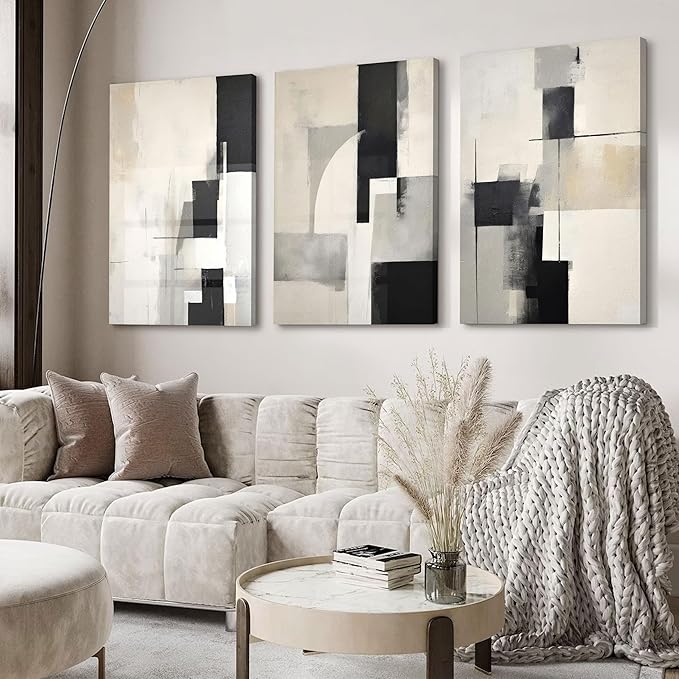 3Pcs Framed Neutral Abstract Canvas Wall Art Pictures Modern Minimalist Posters Prints Beige Black Brown Simple Wall Decoration for Living Room Bedroom Bathroom Office 12x16in