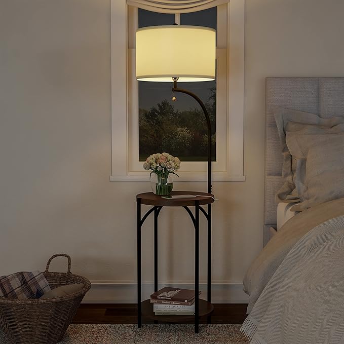 Floor Lamp with End Table - Modern Rustic Side Shelves with USB Charging Port, LED Light Bulb, and Drum-Shaped Shade - Standing Lights by Lavish Home
