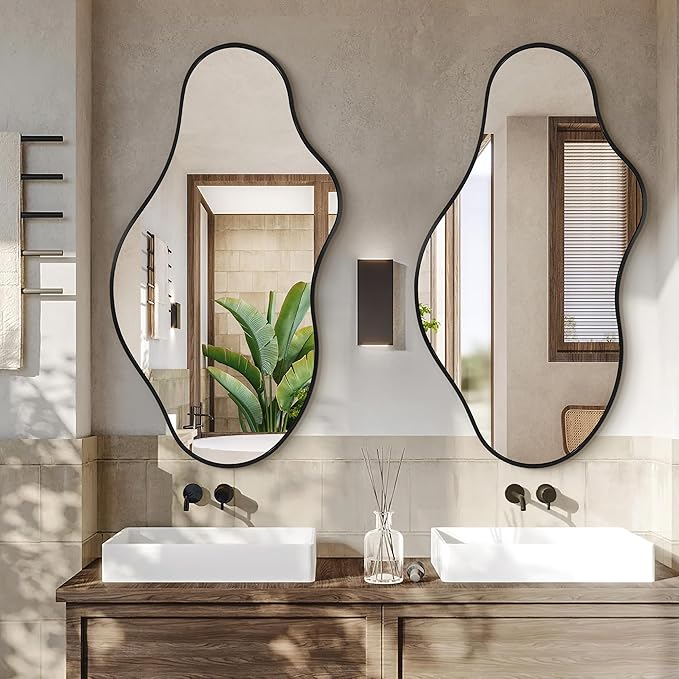 Dorlicecass Bathroom Mirrors for Over Sink - Long Wall Mirrors Decorative 24"x 43" Asymmetrical Abstract Aviation Aluminum Alloy Frame Unique for Bedroom, Living Room, Cloakroom, Entryway Black