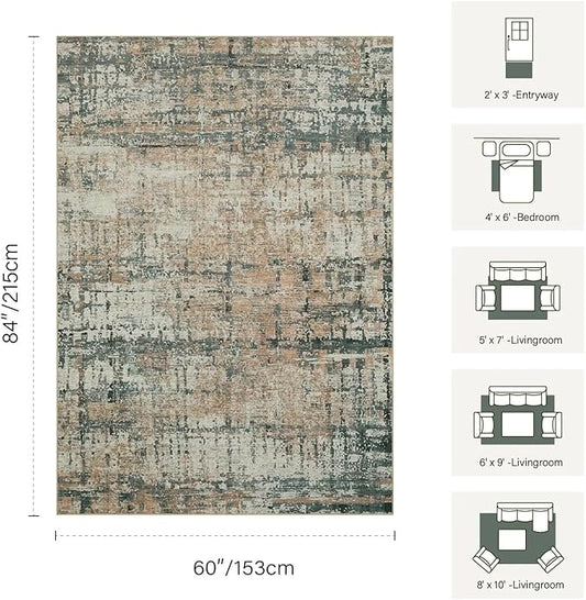 5x7 Area Rugs for Bedroom Living Room,Non-Slip Washable Modern Green Abstract Rugs for Dining Room, Foldable Thin Indoor Carpet Stain Resistant(Moss Green)