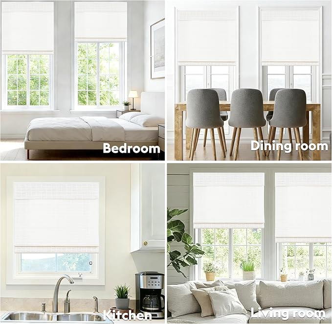 Motorized Bamboo Roman Shades, Motorized Blinds with Remote Compatible with Homekit, Alexa GoogleHome, Smart Wood Woven Shades for Indoor Windows, Customize, White Current