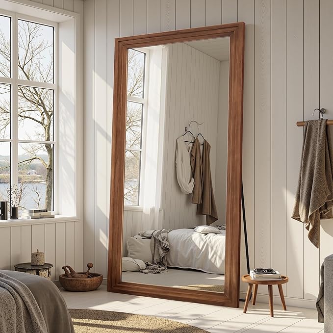 Full Length Mirror, 81"x41" Wooden Mirror Full Length with Stand Wood Floor Mirror, Oversized Stand Up Mirrors Large Wall Mirrors, Wall Mounted Mirrors, Rect Wood Style, Brown