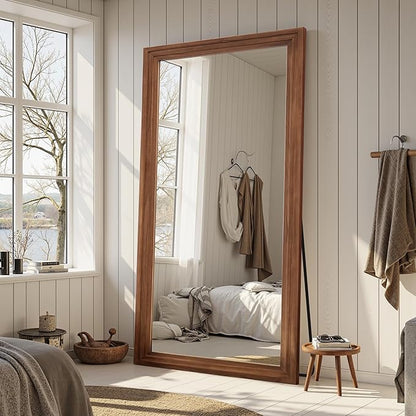 Full Length Mirror, 81"x41" Wooden Mirror Full Length with Stand Wood Floor Mirror, Oversized Stand Up Mirrors Large Wall Mirrors, Wall Mounted Mirrors, Rect Wood Style, Brown