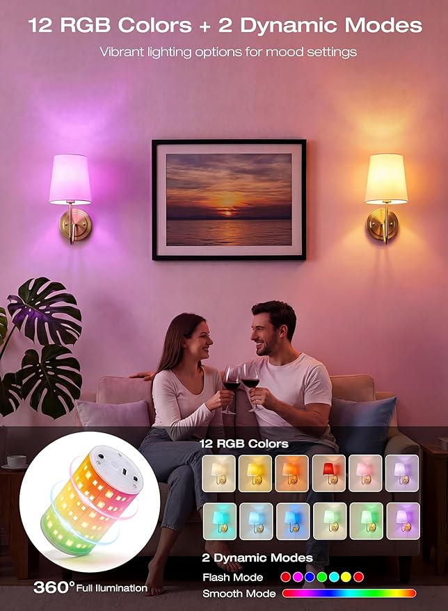 CLOUDY BAY 10000mAh Battery Operated Wall Sconces,Up to 100 Hours with Rechargeable RGB Dimmable Magnetic Bulb,Cordless Wall Lighting Fixtures with Remote for Bedroom,Soft Gold,2 Pack-12inch