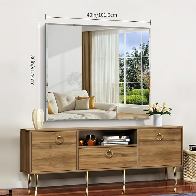 CILIBER Beveled Bathroom Mirror, 36x40 Large Bathroom Mirrors for Over Sink, 3mm Tempered Glass Beveled Frameless Vanity Mirror for Bathroom, Bedroom, Living Room and Entryway