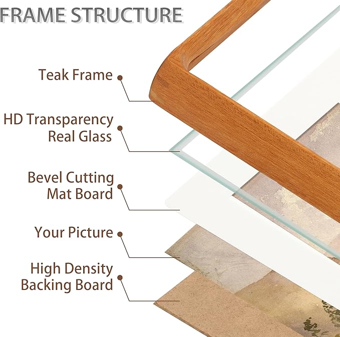Square 6x6 Picture Frame with Mat for 4x4, Natural Teak Wood Handcrafted Rounded Corner with Real Glass, Vertical or Horizontal Display Photo Gallery Wall & Tabletop Frame