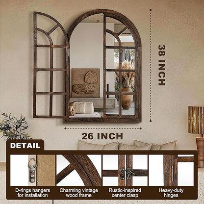 Arched Wall Mirror with Wood Window Frame, 38x26 Vintage Rustic Arch Farmhouse Mirror for Wall, Living Room, Bedroom, Entryway(Brown)