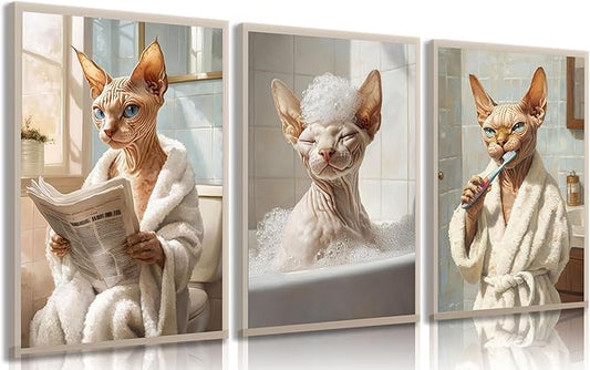 3pcs Funny Bathroom Cat Canvas Wall Art Sphynx Cat Posters Prints Paintings Eclectic Animal Bathroom Wall Decor Pictures for Restroom Toilet Home Decoration Unframed
