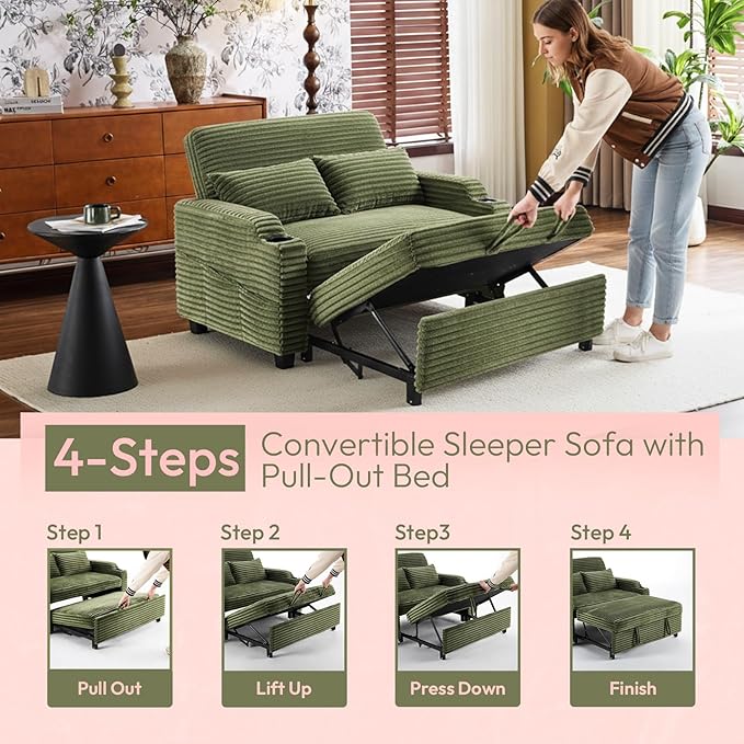 VINGLI Green Futon Sofa Bed Convertible Loveseat Sleeper Sofa Couch, Corduroy Pullout Sofa Fold Out Couch Bed with USB Ports, Cup Holders, Armrest for Living Room, Bedroom Apartment Room | Lveseat Sleeper