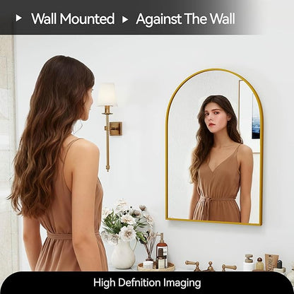 SCWF-GZ 30x20 Arch Mirror Rectangle Wall Mounted Hanging or Against Wall Metal Aluminum Alloy Frame Mirrors for Entryway Bedroom Bathroom Living Room 30 20 inch Gold