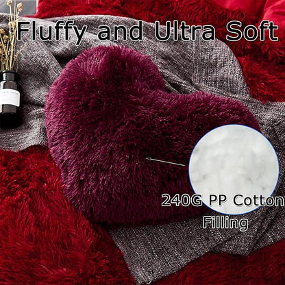 MorroMorn Fluffy Heart Throw Pillows, Shaggy Decorative Pillow for Sofa Couch Bed, Cute Room Decor Decorations for Women Girls Kids (Maroon)