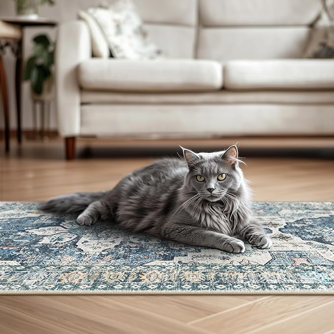 BESTSWEETIE 2x3 Area Rug Washable Rugs for Living Room, No Pile Boho Carpet for Entryway Bedroom Dinning Room, Vintage Carpet Print Distressed Non-Slip, 2 x 3 ft, Blue Navy