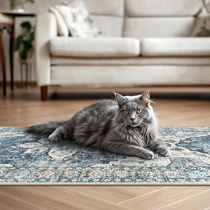 BESTSWEETIE 2x8 Area Rug Washable Rugs for Living Room, No Pile Boho Carpet for Entryway Bedroom Dinning Room, Vintage Carpet Print Distressed Non-Slip, 2 x 8 ft, Blue Navy