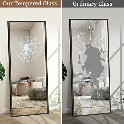 GlasFlength Full Length Mirror with Stand, 64"x21" Full Body Mirror with Aluminum Alloy Frame, Wall-Mounted/Leaning Against Wall/Standing Floor Mirror for Bedroom, Living Room, and Entryway