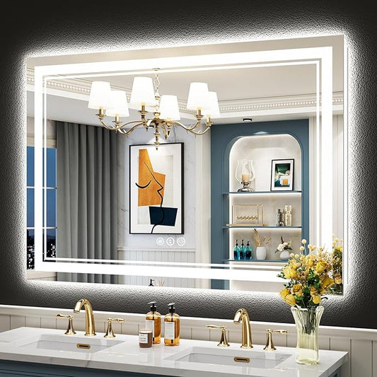 50x36 LED Bathroom Mirror with Lights, Backlit and Front Lit Anti-Fog Lighted Vanity Mirrors for Bathroom Wall, Dimmable, 3-Color Light, Memory, Shatter-Proof, HD Tempered Glass, CRI＞90