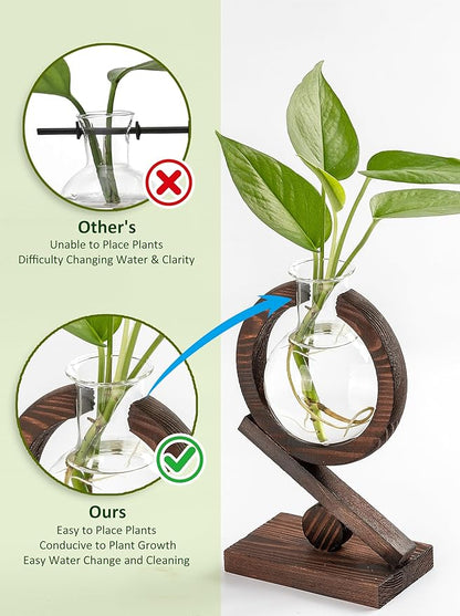 Glass Plant Propagation Station with Wooden Stand and Air Planter Bulb Vase, Planter Terrarium for Home Office Garden Boho Desk Decor,Mothers Day Vase (Natural Wood)