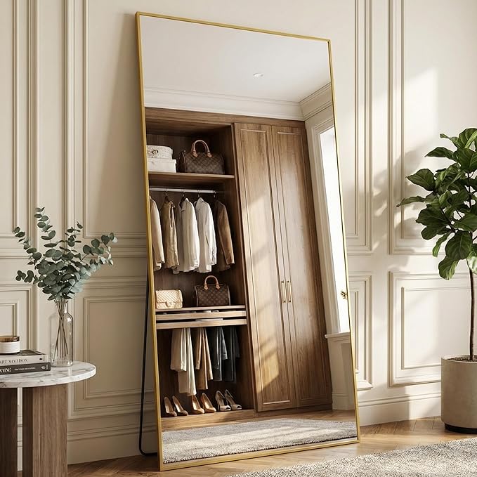 Antok 78''x38'' Full Length Mirror, Shatterproof HD Oversized Floor Mirror with Stand, Aluminum Alloy Frame Leaning Standing or Wall Mounted Mirror for Bedroom Living Room Entryway, Gold