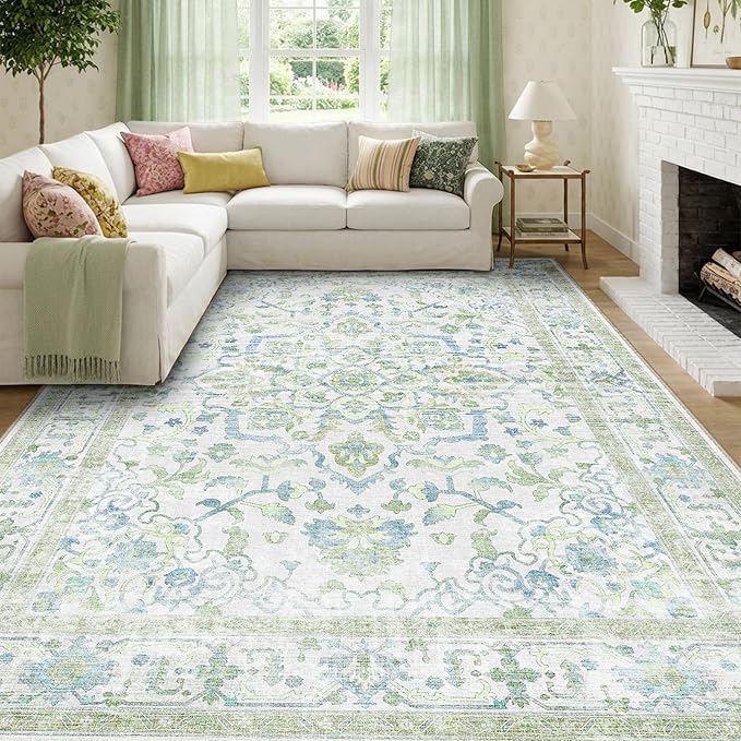 CAPALOCA Machine Washable Rugs Nursery Rug 8x10 Cute Girl Non Slip Low Pile Water Repellent Soft Print Pattern for Bedroom Indoor Decor Kids Playroom Green Blue