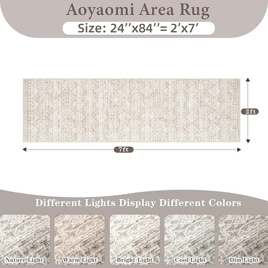 Runner Rug 2x7 Boho Geometric Area Rugs: Washable Kitchen Entryway Rug, Soft Non Slip Moroccan Long Hallway Rugs for Bedroom Bathroom Laundry Entryway Staircase Foyer(Ivory Mocha,2'x7')