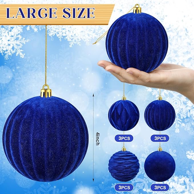 Liliful 12 Pcs Velvet Christmas Ornaments Balls, 4 Inch Flocked Plastic Christmas Tree Ball Shatterproof Hanging Ornaments Decorations for Xmas Tree Vintage Holiday Rustic Home Decor(Blue)