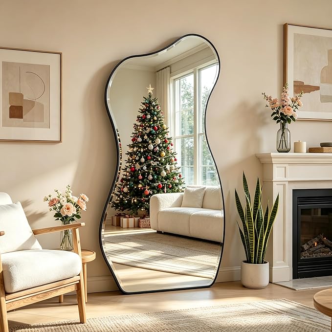 POZINO Irregular Beveled Mirror, 63"x32" Large Asymmetrical Wall Mirror with Metal Frame, Premium Organic Aesthetic Floor Mirrors for Living Room Cloakroom Hallway Entryway, Leaning/Wall-Mount
