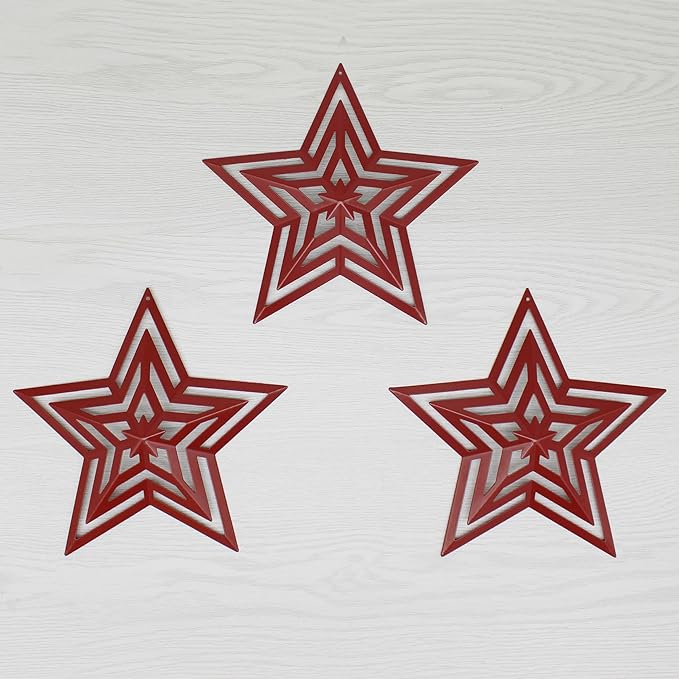 CVHOMEDECO. Primitives Rustic Antique Vintage Gifts Cut-Outs Metal Barn Star for Wall/Wreath/Door Decor, 8-Inch, Set of 3.(Red)