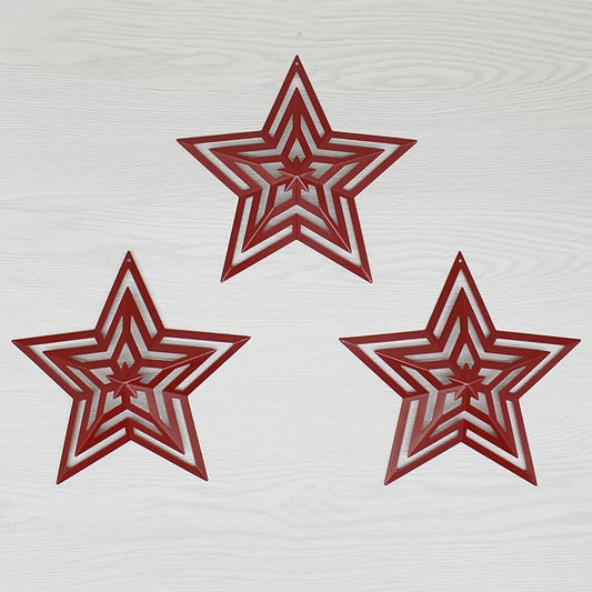 CVHOMEDECO. Primitives Rustic Antique Vintage Gifts Cut-Outs Metal Barn Star for Wall/Wreath/Door Decor, 8-Inch, Set of 3.(Red)