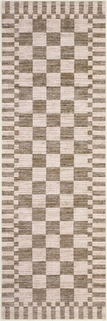 GarveeHome 2×10 Kitchen Runner Rug Non Slip,Brown Checkered Rug,Washable Runner Rug for Hallway Soft Low-Pile Geometric Checkerboard Rugs for Entryway Kitchen Dining Room