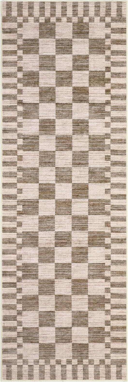 GarveeHome 2×12 Kitchen Runner Rug Non Slip,Brown Checkered Rug,Washable Runner Rug for Hallway Soft Low-Pile Geometric Checkerboard Rugs for Entryway Kitchen Dining Room