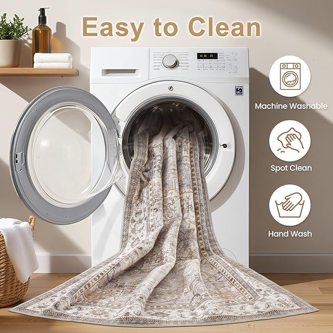 EIEIHOUSE Washable Area Rugs for Living Room - 7x9 Neutral Vintage Distressed Floral Farmhouse Boho Large Soft Floor Rug Indoor Non Slip Carpet for Living Room Bedroom Dining Room Office - Grey Brown