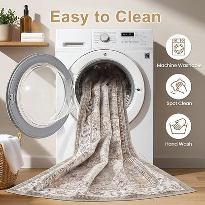 EIEIHOUSE Washable Area Rugs for Living Room - 7x9 Neutral Vintage Distressed Floral Farmhouse Boho Large Soft Floor Rug Indoor Non Slip Carpet for Living Room Bedroom Dining Room Office - Grey Brown