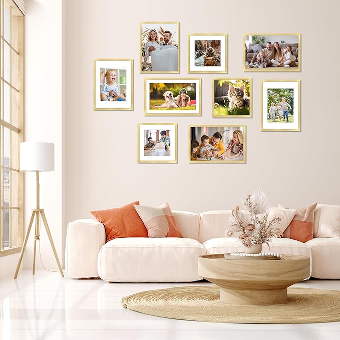 FIXSMITH 11x17 Picture Frame Gold Set of 2, Photo Frame with HD Plexiglass, Display Pictures 9x15 with Mat or 11x17 Without Mat, Gold Picture Frames Collage Wall Decor, Gallary Wall Frame