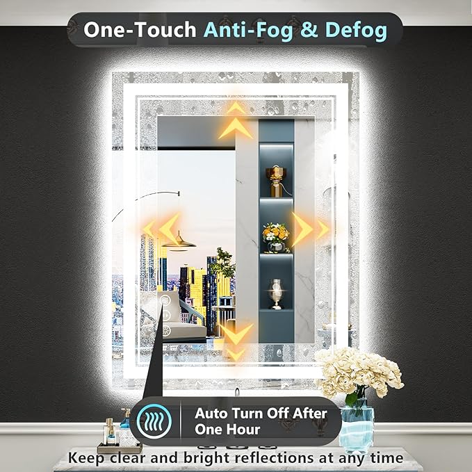 28x36 LED Bathroom Mirror with Lights, Backlit and Front Lit Anti-Fog Lighted Vanity Mirrors for Bathroom Wall, Dimmable, 3-Color Light, Memory, Shatter-Proof, HD Tempered Glass, CRI＞90