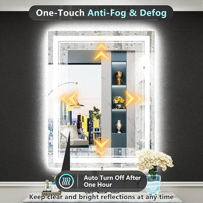 28x36 LED Bathroom Mirror with Lights, Backlit and Front Lit Anti-Fog Lighted Vanity Mirrors for Bathroom Wall, Dimmable, 3-Color Light, Memory, Shatter-Proof, HD Tempered Glass, CRI＞90