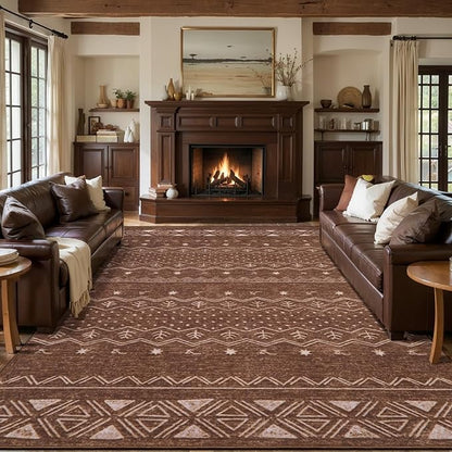 SERISSA 9x12 Area Rugs for Living Room, Washable Non-Slip Coffee Brown Boho Rug, Soft Low-Pile Geometric Indoor Large Carpet for Dining Room Bedroom Home Office Playroom