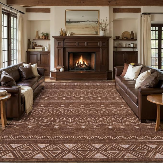 SERISSA 9x12 Area Rugs for Living Room, Washable Non-Slip Coffee Brown Boho Rug, Soft Low-Pile Geometric Indoor Large Carpet for Dining Room Bedroom Home Office Playroom