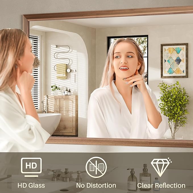 60x36 Inch Bathroom Mirror for Wall, Anti-Rust Walnut Wood Grain Metal Framed Bathroom Mirrors for Over Sink,Rectangler Mirrors for Bathroom Vanity, Farmhouse, Bedroom, Living Room, Entryway Decor