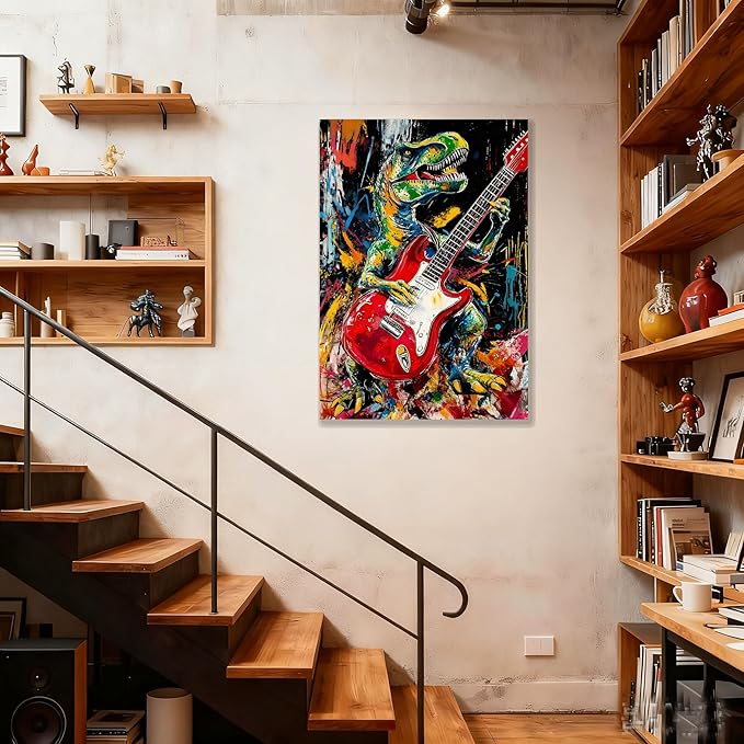 16x24 Graffiti Guitar T-Rex Wall Art Modern Rock Picture Framed Canvas Gallery Pop Prints Cartoon Home Office Decor DJ Dinosaur Urban Posters Funny Bedroom Living Room Kids Nursey Teen Boys Men