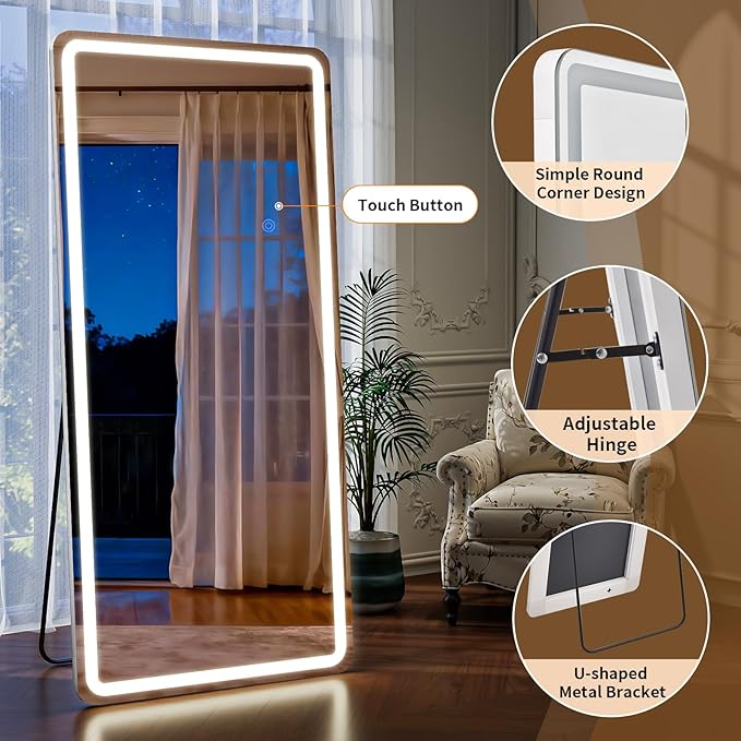 LED Full Length Mirror Floor Mirrors with Dimming &3 Color Lighting 32 x 71 Inch LED Mirrors Full Body with Stand for Bedroom Dressing Room Rect