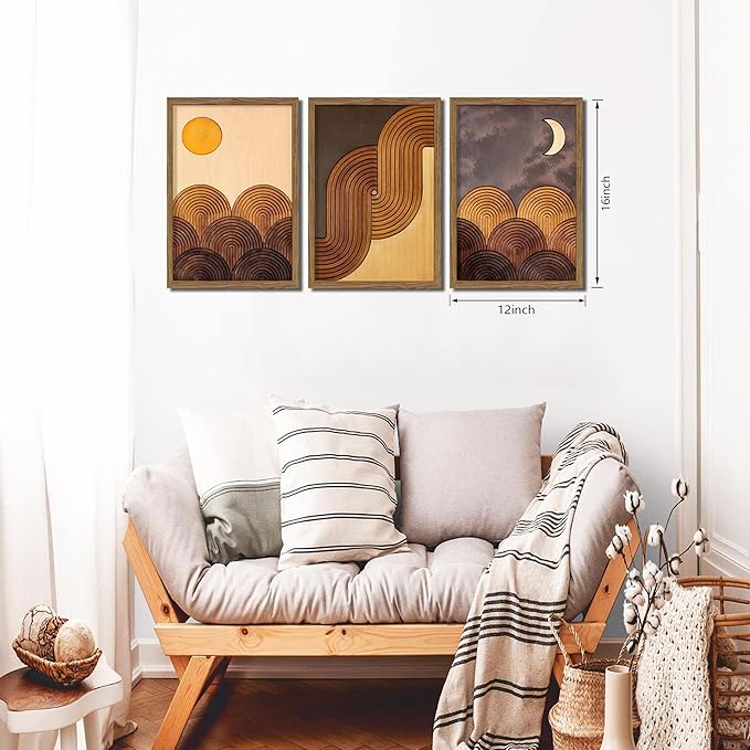 raiqtols Abstract Framed Wooden Canvas Wall Art Set of 3 – Sun Moon Geometric Boho Modern Wall Decor, Golden Brown Mid Century Prints with Wooden Frame for Living Room Bedroom – 12x16in