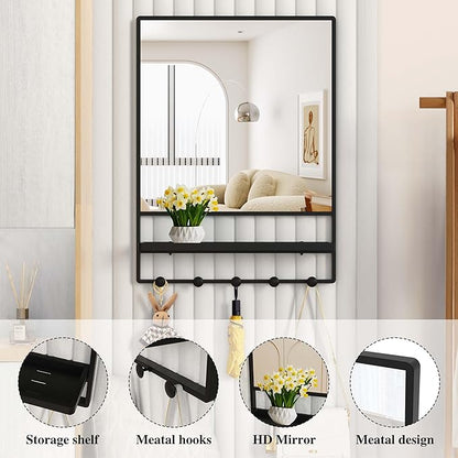 Wall Mirror with Shelf and Hooks,Vanity Mirror with Hooks, 21 X 28 inch Metal Framed Bathroom Mirror with Shelf for Bathroom, Entryway, Bedroom, Living Room (Black, 21" x 28")