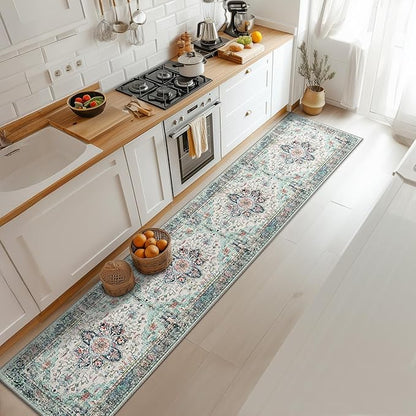 BESTSWEETIE 2x10 Area Rug Washable Rugs for Living Room, No Pile Boho Carpet for Entryway Bedroom Dinning Room, Vintage Carpet Print Distressed Non-Slip, 2 x 10 ft, Multi Navy Teal