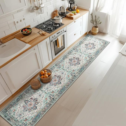 BESTSWEETIE 2x10 Area Rug Washable Rugs for Living Room, No Pile Boho Carpet for Entryway Bedroom Dinning Room, Vintage Carpet Print Distressed Non-Slip, 2 x 10 ft, Multi Navy Teal