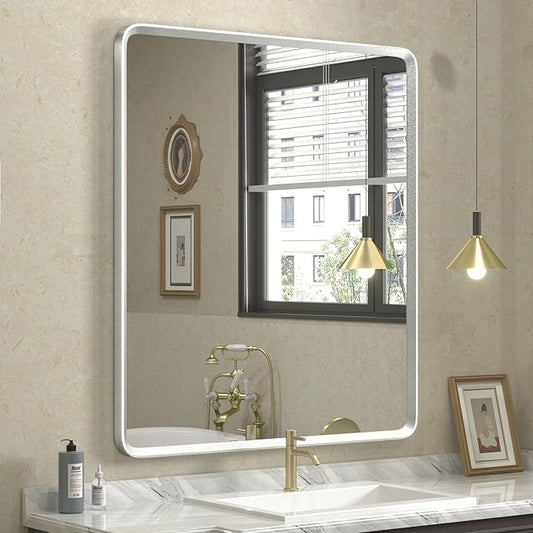 30x36 Inch Silver Bathroom Mirror, Brushed Silver Metal Frame Mirror, Rounded Rectangle Bathroom Vanity Mirror, Shatterproof, Anti-Rust (Horizontal/Vertical)