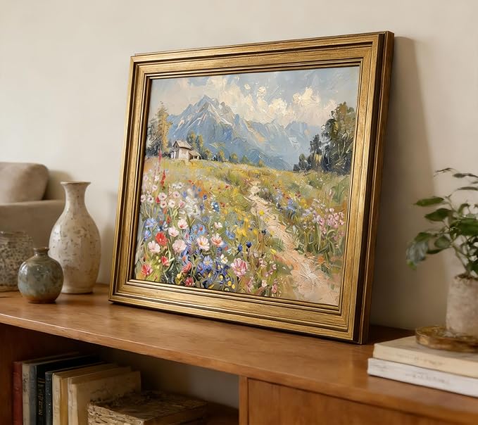 Vintage Gold Framed Colorful Wildflowers Canvas Wall Art, Mountain Landscape Poster Print Artwork, Nature Scenery Painting Picture Wall Decor, for Living Room, Bedroom, Home Decoration, 12x16in
