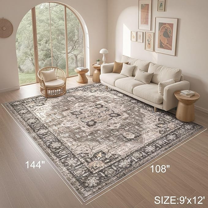 Area Rug 9x12 Washable Vintage - Soft Traditional Rugs for Living Room Large Non Slip Backing with Low Pile Farmhouse Oriental Retro Carpet for Bedroom Dining Room or Home Office - Dark Brown