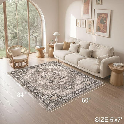Area Rug 5x7 Washable Vintage - Soft Traditional Rugs for Living Room Large Non Slip Backing with Low Pile Farmhouse Oriental Retro Carpet for Bedroom Dining Room or Home Office - Dark Brown