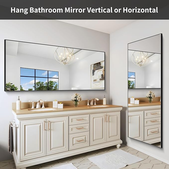 COFENY 30x72inch Bathroom Mirror, Black Rectangle Mirror with Thin Frame, Large Rectangular Wall Mirrors for Bathroom, Living Roomm, Hair Salon, Big Farmehouse Mirror Hang Horizontal/Vertical