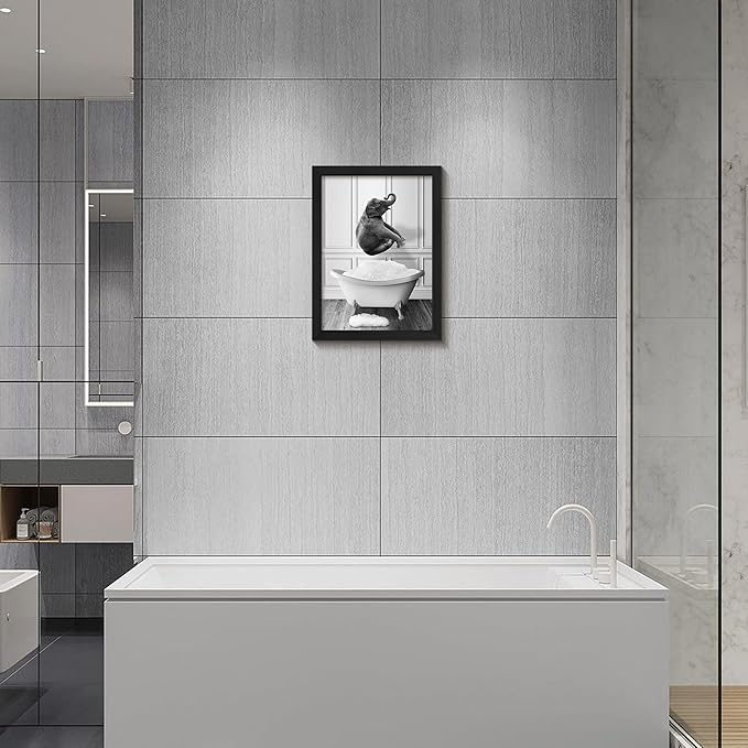 calmart Funny Elephant Bathroom Wall Art - Washing Elephant In Bathtub Pictures for Wall Farmhouse Animal Paintings Please Seat Yourself Sign Framed Artwork Rustic Canvas Print Decor