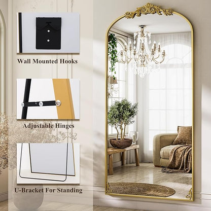 GLSLAND 77"x 38" Vintage Full Length Mirror - Large Carved Floor Mirror with Metal Frame Baroque Arched Full Body Mirrors for Bathroom/Living Room/Entryway,Gold